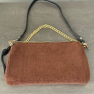 GROSSI Brown Faux Shearling w/ Gold Chain Shoulder Bag